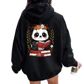 Panda Libro De Lectura Gráfico Panda Con Libro Floral Women Oversized Hoodie Back Print - Regaloses