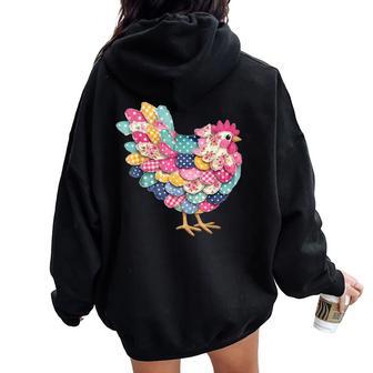 Patchwork Chicken Floral Polka Dot Farmhouse Hen Graphic Women Oversized Hoodie Back Print - Thegiftio UK