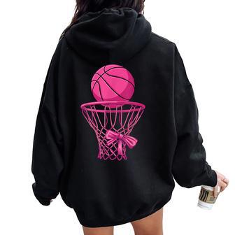 Pink Coquette Bow Basketball Mom Mama Girls Women Oversized Hoodie Back Print - Thegiftio UK