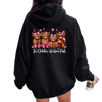 Pink Ribbon Coquette Bow Floral Highland Cow Breast Cancer Women Oversized Hoodie Back Print - Thegiftio UK