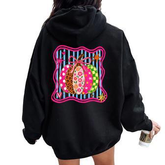 Preppy Fall Pumpkin Coquette Bow Floral Leopard Checker Women Oversized Hoodie Back Print - Thegiftio UK
