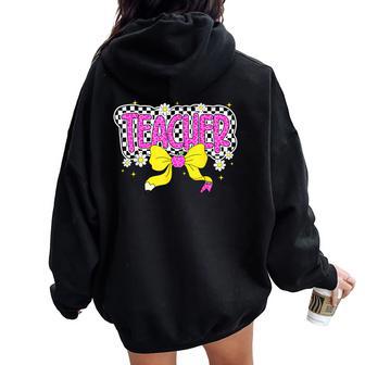Retro Checkered Pink Bow Teacher Back To School Women Oversized Hoodie Back Print - Thegiftio UK