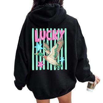Retro Duck Lucky Summer Vibes Southern Mallard Duck Hunting Women Oversized Hoodie Back Print - Thegiftio UK