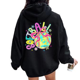 Retro Softball Coquette Bow Game Day Vibes For Girls Women Oversized Hoodie Back Print - Thegiftio UK