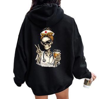 Skeleton Nurse Messy Bun Leopard Drinking Coffee Women Oversized Hoodie Back Print - Thegiftio UK