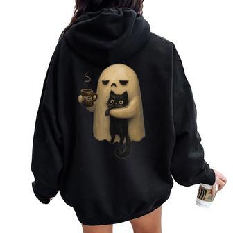 Spooky Ghost Holding Black Cat Coffee Lover Halloween Women Oversized Hoodie Back Print - Thegiftio UK