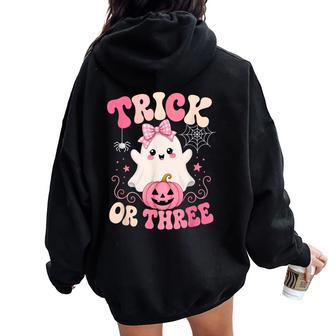 Trick Or Three Cute Ghost Groovy 3Rd Birthday Girls 3 Years Women Oversized Hoodie Back Print - Thegiftio UK