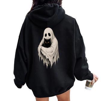 Vintage Ghost Holding Black Cat Halloween Scary Women Oversized Hoodie Back Print - Thegiftio UK