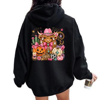 Vintage Western Halloween Highland Cow Pumpkin Cowgirl Women Women Oversized Hoodie Back Print - Thegiftio UK