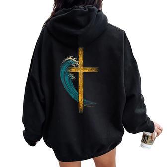 Wave Cross Christian Faith Wave Cross Ocean Golden Ratio Women Oversized Hoodie Back Print | Seseable UK
