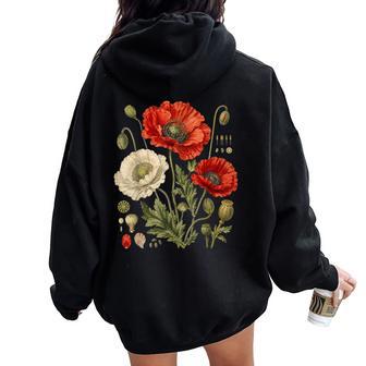 White Red Poppy Flowers Vintage Botanical Garden Plant Women Oversized Hoodie Back Print - Thegiftio UK