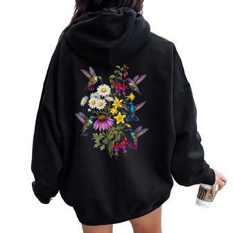詳細なハチドリと野花ボタニカル。 レディース オーバーサイズ パーカー バックプリント - Kawaiitshirt