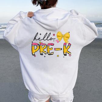 Back To School Pre K Pencil Coquette Bow Teacher Girl Women Oversized Hoodie Back Print - Thegiftio UK