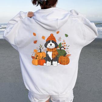 Bernedoodle Thanksgiving Leopard Pumpkins Fall Leaves Lover Women Oversized Hoodie Back Print - Thegiftio UK