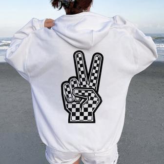 Checked Peace Sign Vintage Racing Flag Kids Boys Girls Women Oversized Hoodie Back Print - Thegiftio UK