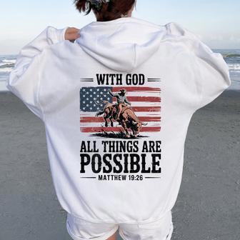 Christian Scripture Cowboy Bull Riding Rodeo American Flag Women Oversized Hoodie Back Print | Seseable UK