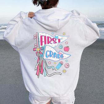 Cute Floral Pennant Flag First Grade Teacher Girl First Day Women Oversized Hoodie Back Print - Thegiftio UK