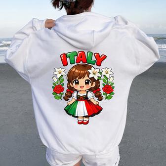 Cute Italy Girl Traditional Dress With Flowers For Kids Women Oversized Hoodie Back Print - Thegiftio UK