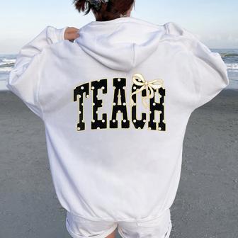 Cute Teach Coquette Bow Polka Dot Classroom Women Women Oversized Hoodie Back Print - Thegiftio UK