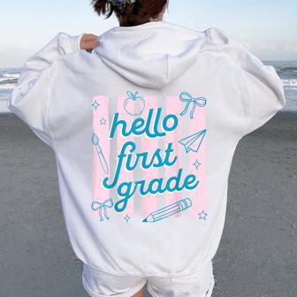 First Day Of 1St Grade Hello First Grade Teachers Womens Women Oversized Hoodie Back Print - Thegiftio UK