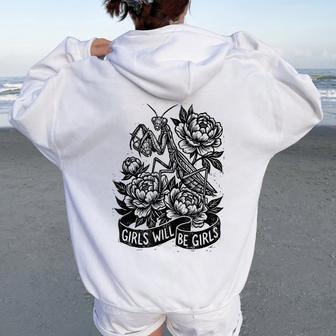 Girls Will Be Girls Praying Mantis Floral Grunge Women Oversized Hoodie Back Print - Thegiftio UK