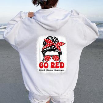 Go Red For American Heart Disease Awareness Messy Bun Women Oversized Hoodie Back Print - Thegiftio UK
