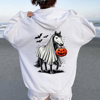 Halloween Horse With Pumpkin Ghost Costume Rider Riding Women Oversized Hoodie Back Print - Thegiftio UK