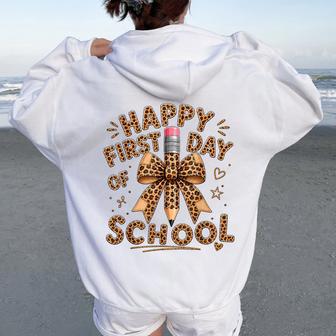 Happy First Day Of School Girls Leopard Pencil Bow Coquette Women Oversized Hoodie Back Print - Thegiftio UK