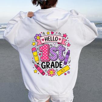 Hello 1St Grade Teacher Girl First Day Of Back To School Women Oversized Hoodie Back Print - Thegiftio UK