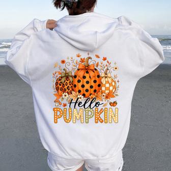 Hello Pumpkins Autumn Fall Thanksgiving Vibes Kids Women Oversized Hoodie Back Print - Thegiftio UK