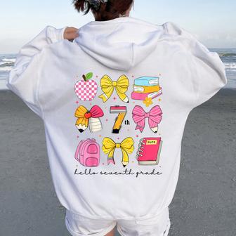 Hello Seventh 7Th Grade Back To School Coquette Bow Girls Women Oversized Hoodie Back Print - Thegiftio UK