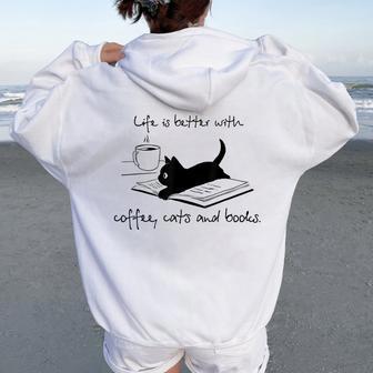 Life Is Better With Books Cats And Coffee レディース オーバーサイズ パーカー バックプリント - Kawaiitshirt