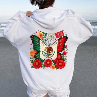 Mexican Flag Floral Butterfly Mexico Independence Day Fiesta Women Oversized Hoodie Back Print - Thegiftio UK
