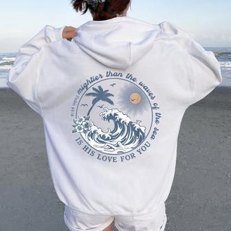 Mightier Than The Waves Christian Summer Beach Christian Women Oversized Hoodie Back Print - Thegiftio UK
