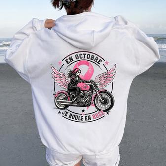 Octobre Motarde Cancer Duein Ruban Moto Guerrière Sweat à capuche oversize pour femme avec imprimé dans le dos - Cadeauxyz