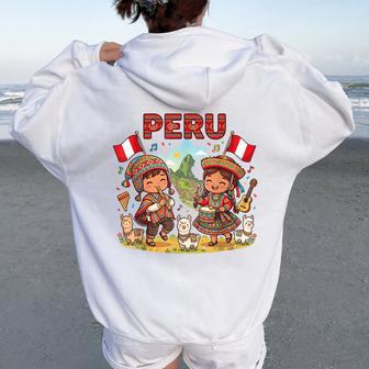 Peru Cultural Heritage Kids Llama Machu Picchu Flag Pride Women Oversized Hoodie Back Print - Thegiftio UK