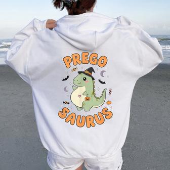 Pregosaurus Pregnant Dinosaur Halloween Pregnancy New Mom Women Oversized Hoodie Back Print - Thegiftio UK