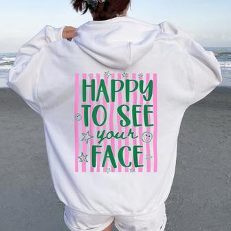 Retro Stripes Teacher Back To School Happy To See Your Face Women Oversized Hoodie Back Print - Thegiftio UK