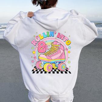 Rolling Into 8 Roller Skate Coquette Eight Birthday 8Th Girl Women Oversized Hoodie Back Print - Thegiftio UK