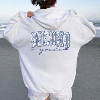 Second Grade Blue Floral Back To School Teachers Girls Kids Women Oversized Hoodie Back Print - Thegiftio UK