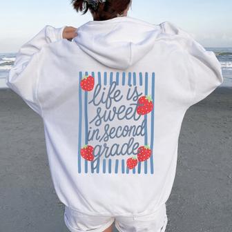 Striped Life Is Sweet In Second Grade Strawberries Teacher Women Oversized Hoodie Back Print - Thegiftio UK
