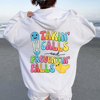 Takin Calls Preventin Falls Socks Nurse Fall Risk Women Oversized Hoodie Back Print - Thegiftio UK