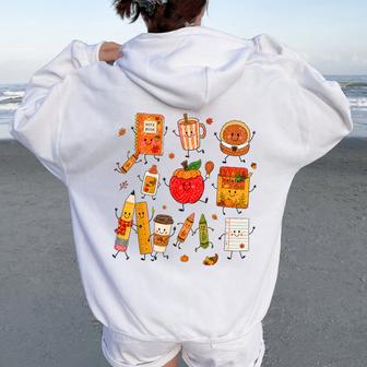 Teacher Doodle Characters Thanksgiving Cute School Supplies Women Oversized Hoodie Back Print - Thegiftio UK