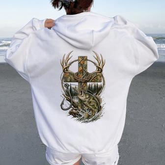 Youth Camo Faith Hunting Fishing Christian Jesus God Women Oversized Hoodie Back Print - Thegiftio UK