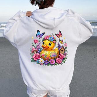 黄色いアヒルのイースター蝶の花のシー レディース オーバーサイズ パーカー バックプリント - Kawaiitshirt