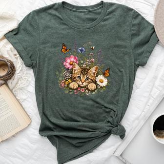 Cat Flower Floral Cute Cat Flower Bella Canvas T-shirt | Seseable UK
