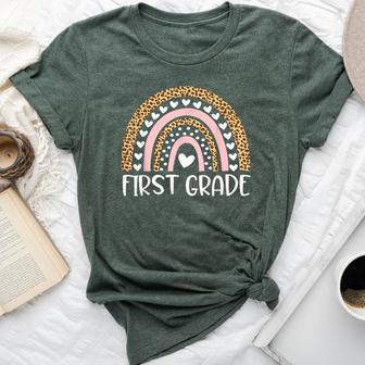 First Grade Boho Rainbow Leopard Back To School Teacher Girl Bella Canvas T-shirt | Seseable UK
