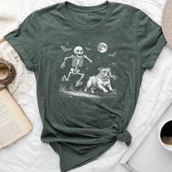 Skeleton Chasing English Bulldog Halloween Dog Mom Pet Bella Canvas T-shirt | Seseable UK