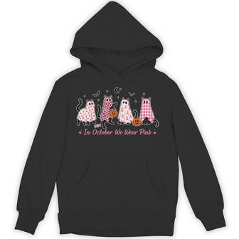 Black Cats Ghost Pumpkins Halloween In October We Wear Pink Hoodie - Thegiftio UK
