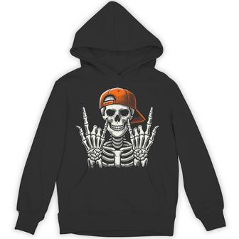 Cool Rock Skeleton Backwards Hat Halloween Spooky Costume Hoodie - Thegiftio UK